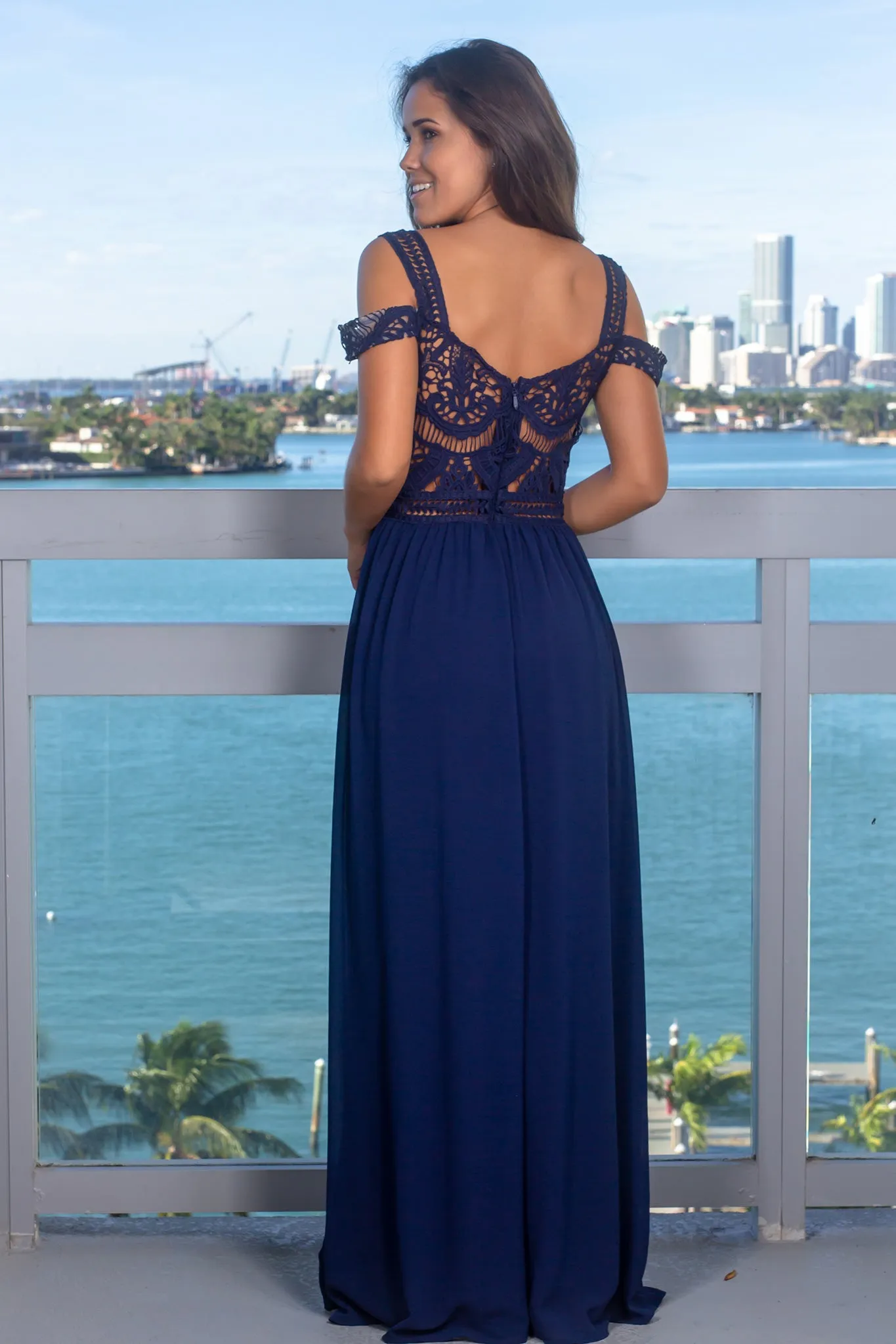 Navy Cold Shoulder Maxi Dress with Crochet Top