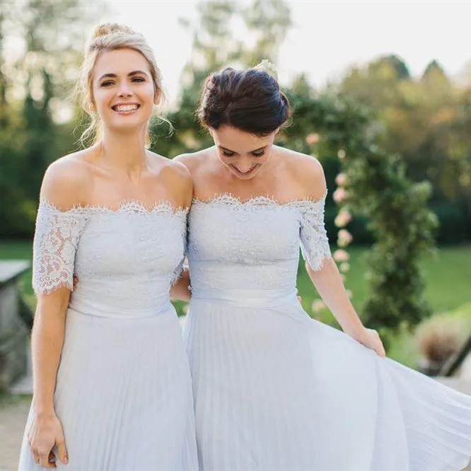 Off Shoulder Half Sleeves Light Blue Lace Chiffon Bridesmaid Dresses