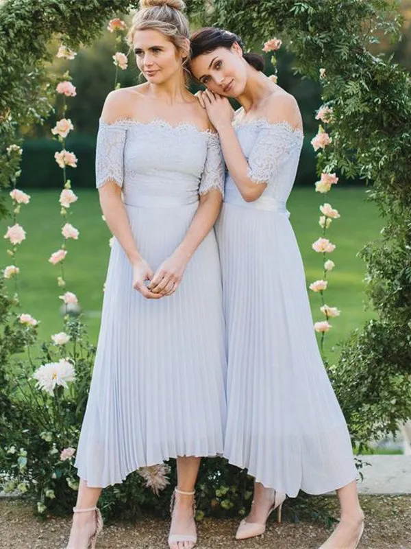 Off Shoulder Half Sleeves Light Blue Lace Chiffon Bridesmaid Dresses