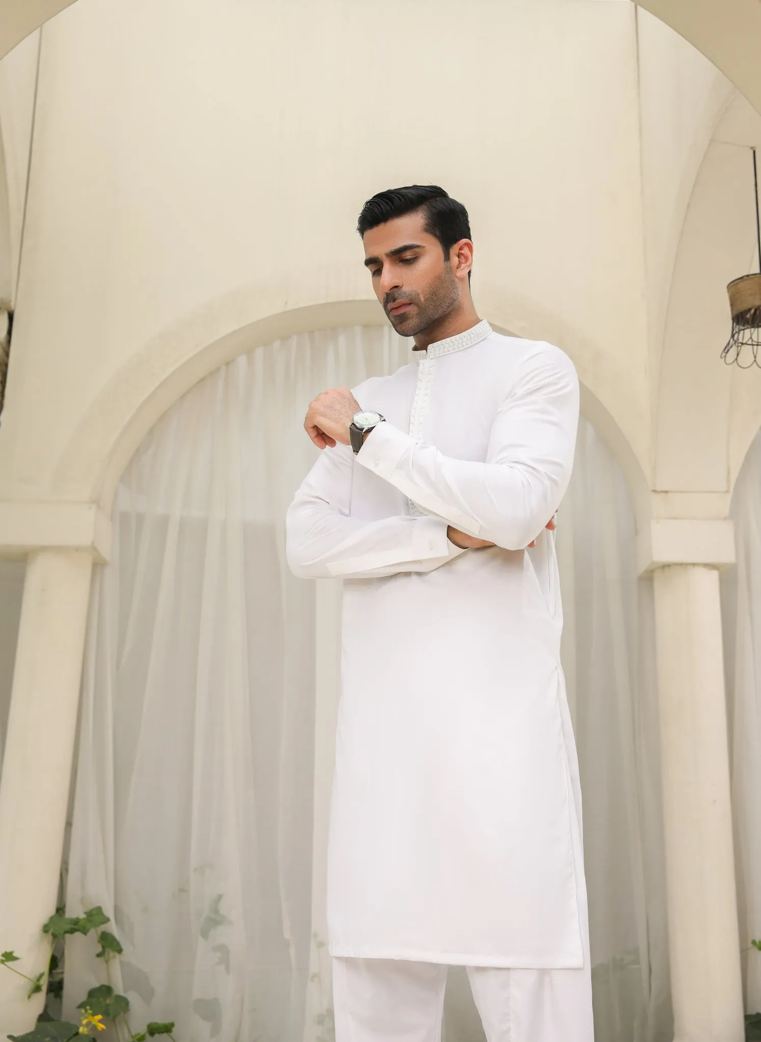 Off White Kameez Shalwar - Collar Neck Embroidered - Men