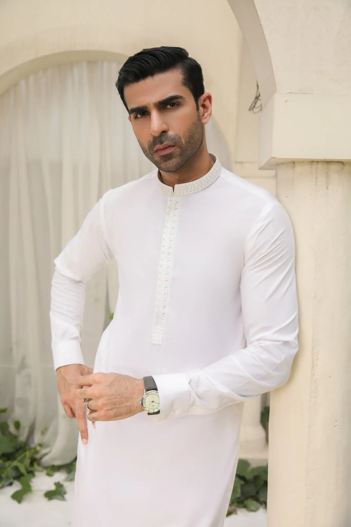 Off White Kameez Shalwar - Collar Neck Embroidered - Men