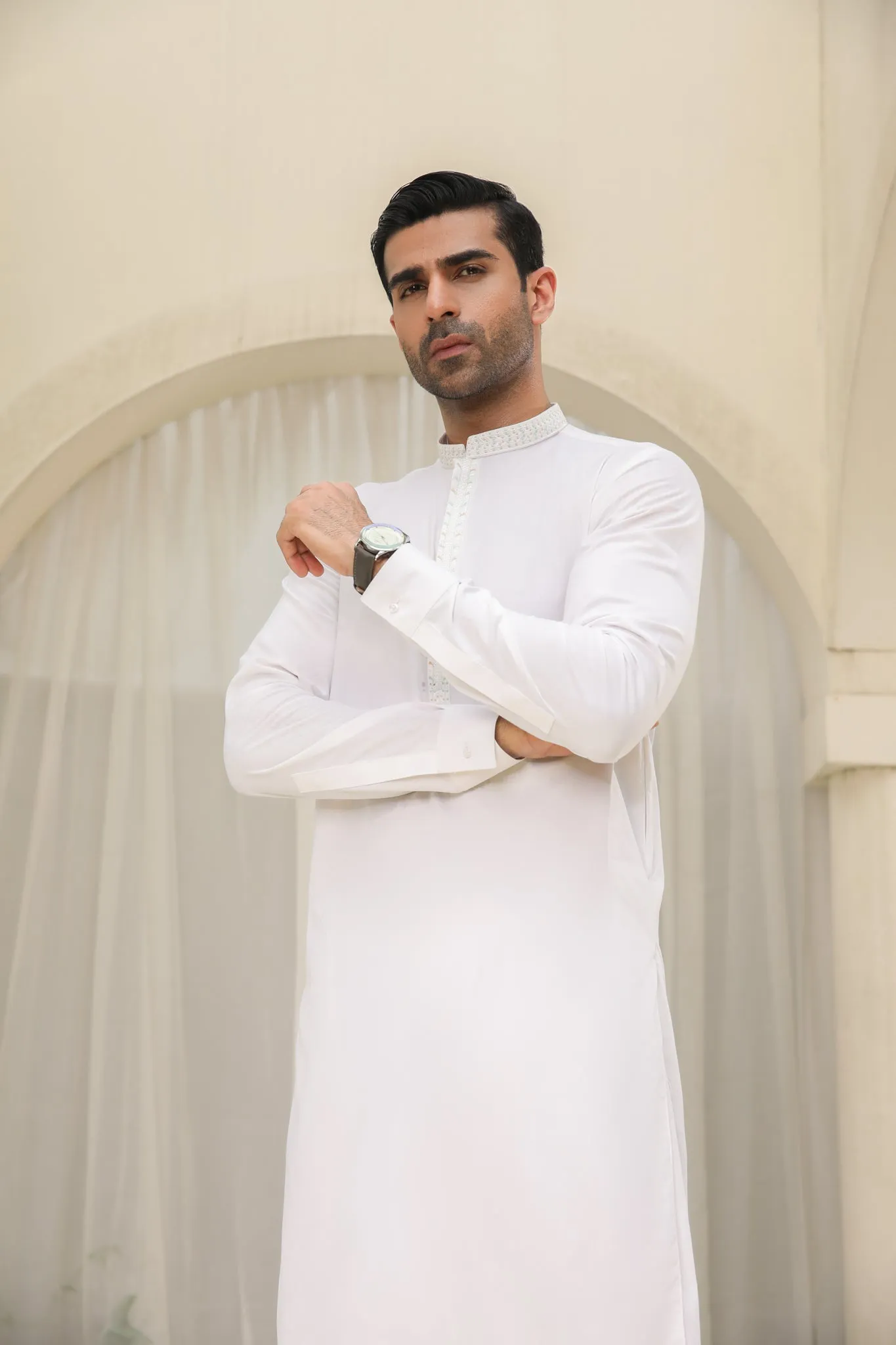 Off White Kameez Shalwar - Collar Neck Embroidered - Men