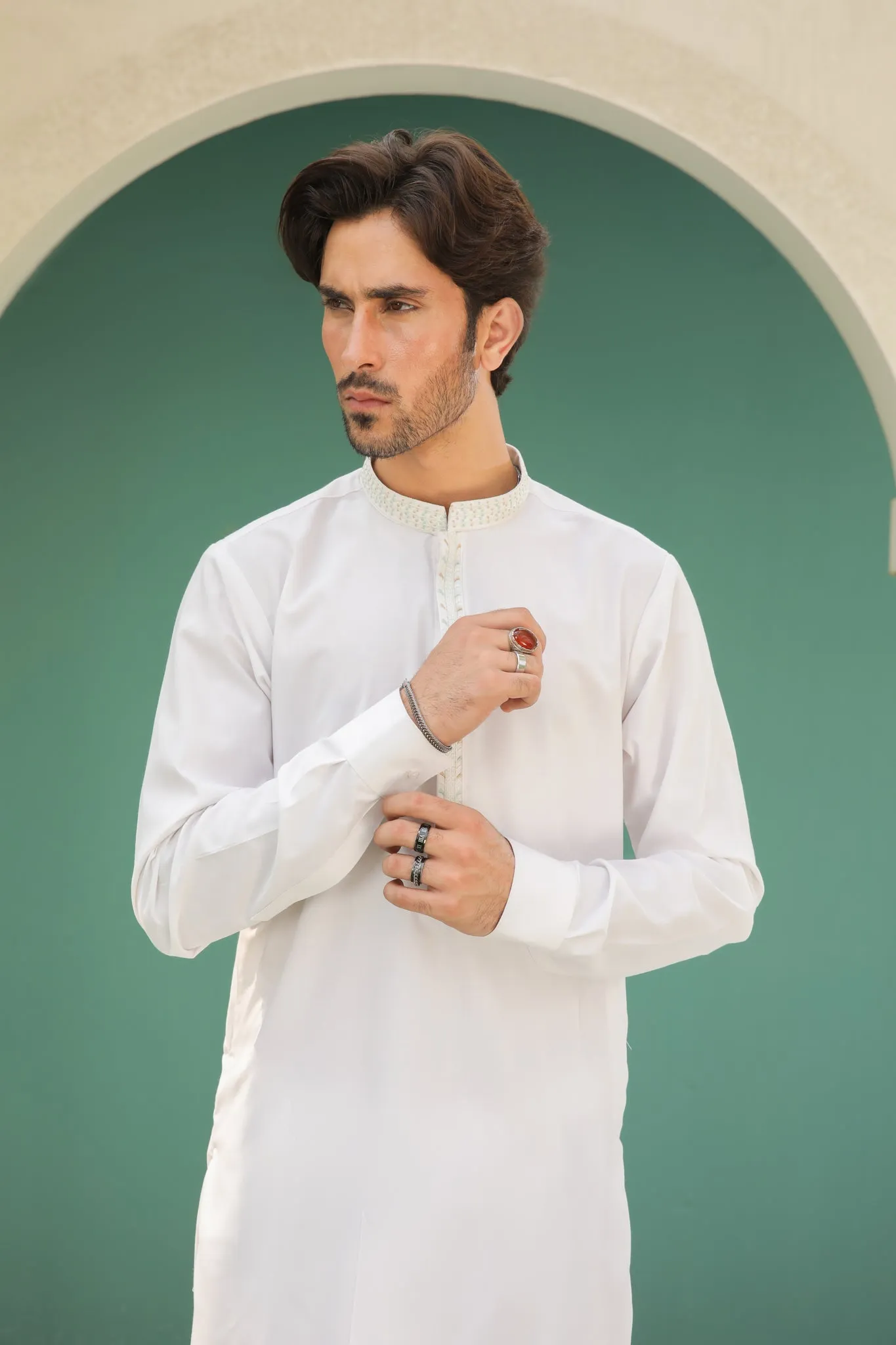 Off White Kameez Shalwar - Collar Neck Embroidered - Men