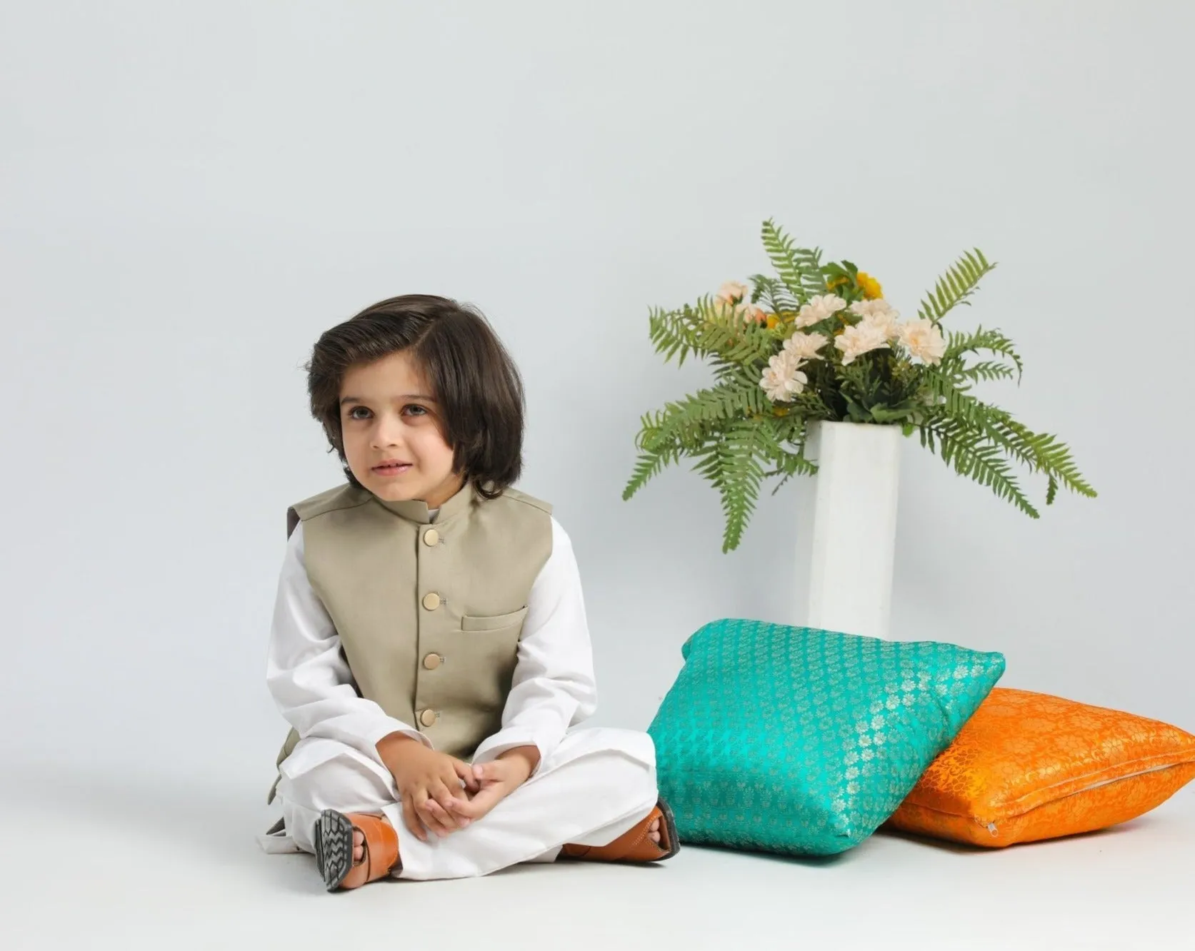 Off White Kurta Trouser with Beige Suiting Waistcoat - Kids