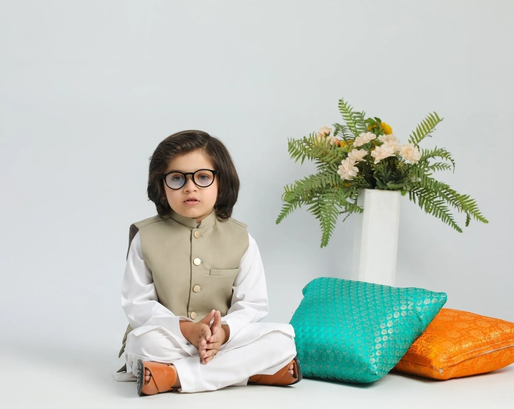 Off White Kurta Trouser with Beige Suiting Waistcoat - Kids