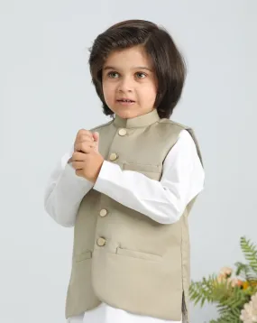 Off White Kurta Trouser with Beige Suiting Waistcoat - Kids