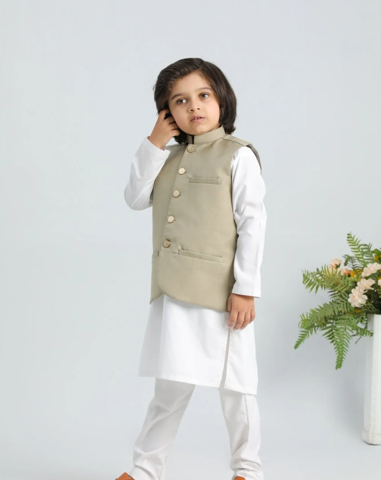 Off White Kurta Trouser with Beige Suiting Waistcoat - Kids