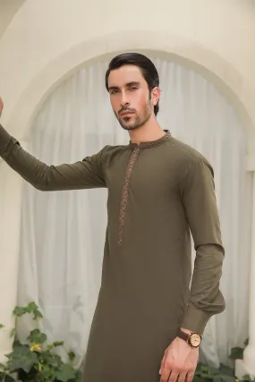 Olive Green Kurta Trouser - Collar Neck Embroidered - Men