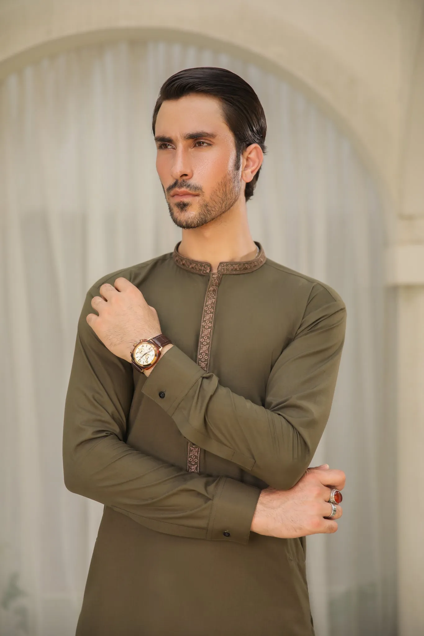 Olive Green Kurta Trouser - Collar Neck Embroidered - Men