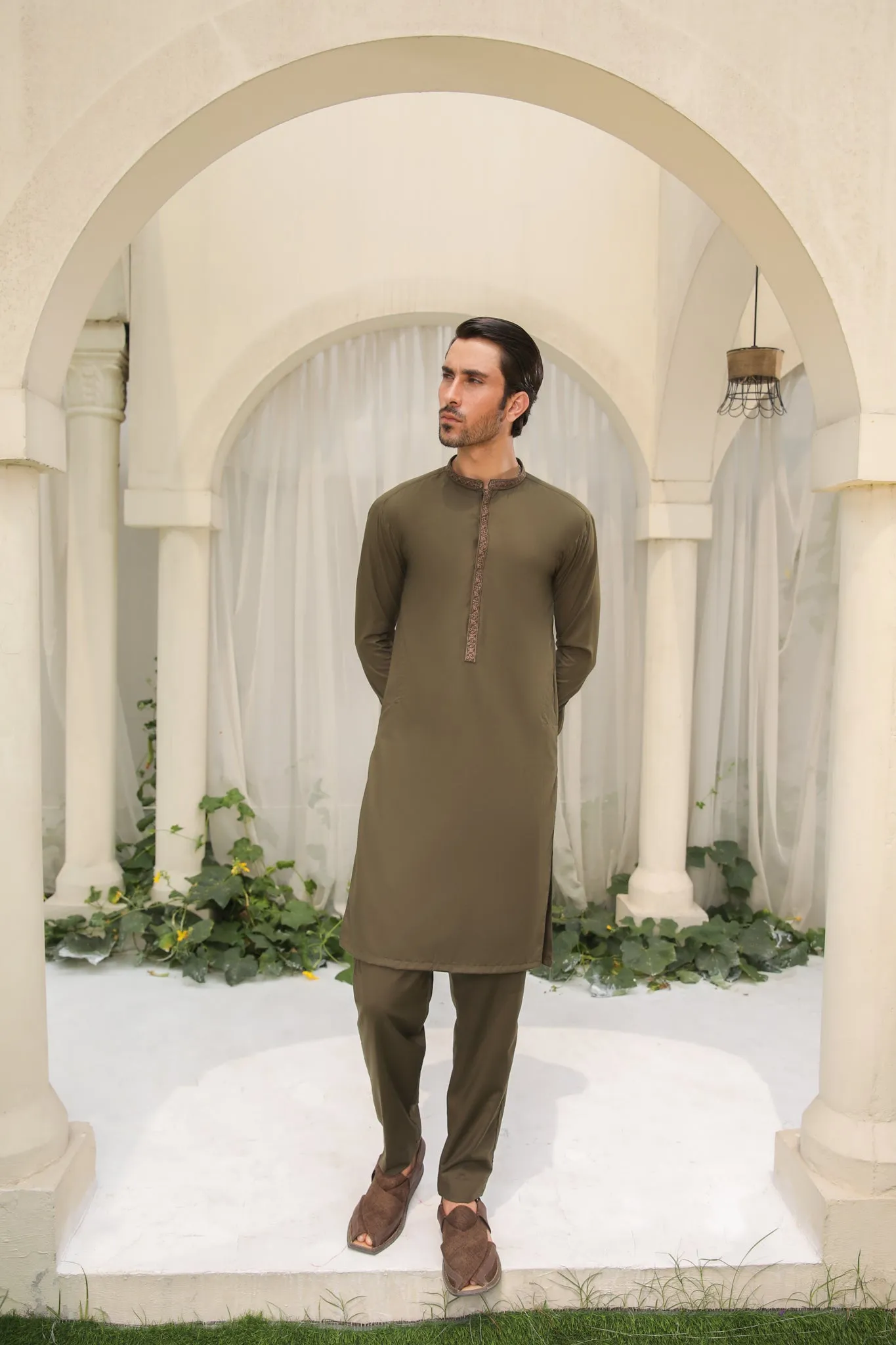 Olive Green Kurta Trouser - Collar Neck Embroidered - Men