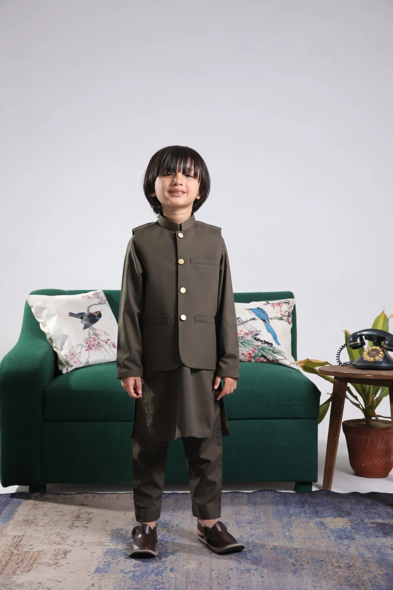 Olive Green Kurta Trouser with Blended Waistcoat - Kids