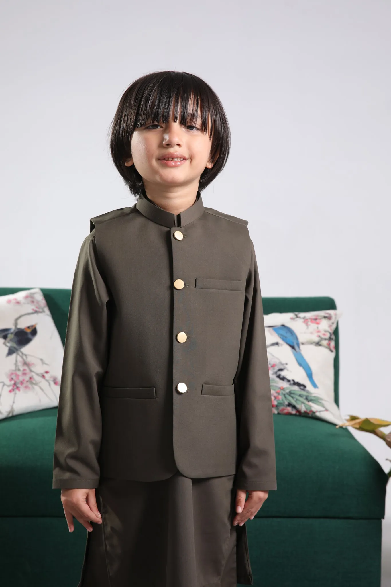 Olive Green Kurta Trouser with Blended Waistcoat - Kids