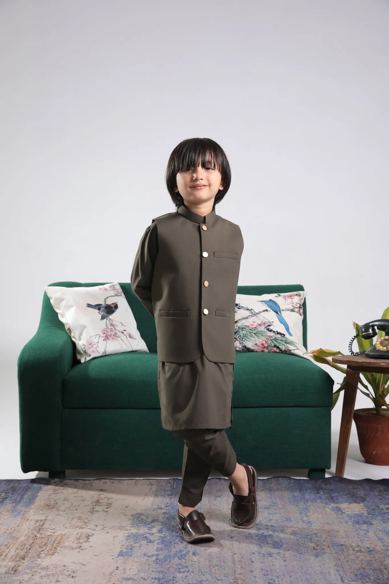 Olive Green Kurta Trouser with Blended Waistcoat - Kids