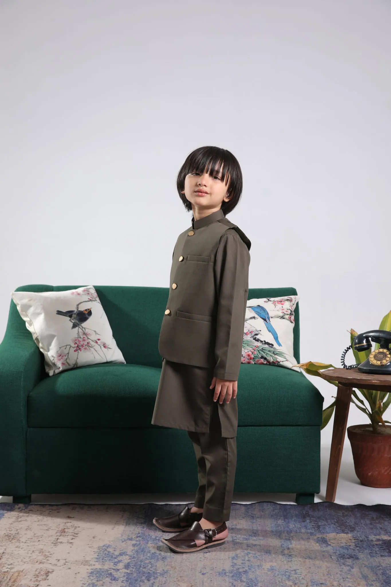 Olive Green Kurta Trouser with Blended Waistcoat - Kids