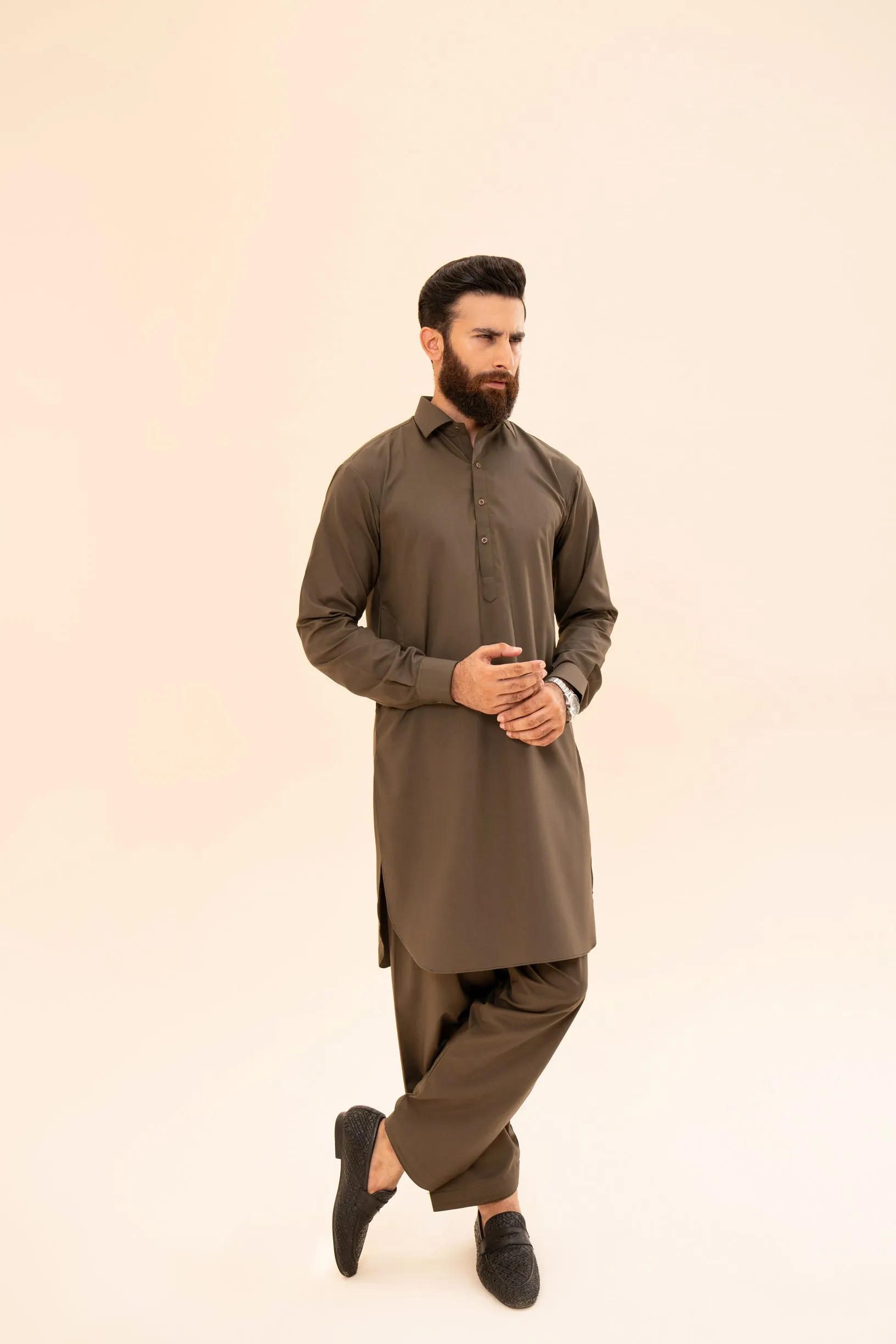 Olive Green Kurta Trouser/Shalwar - Men