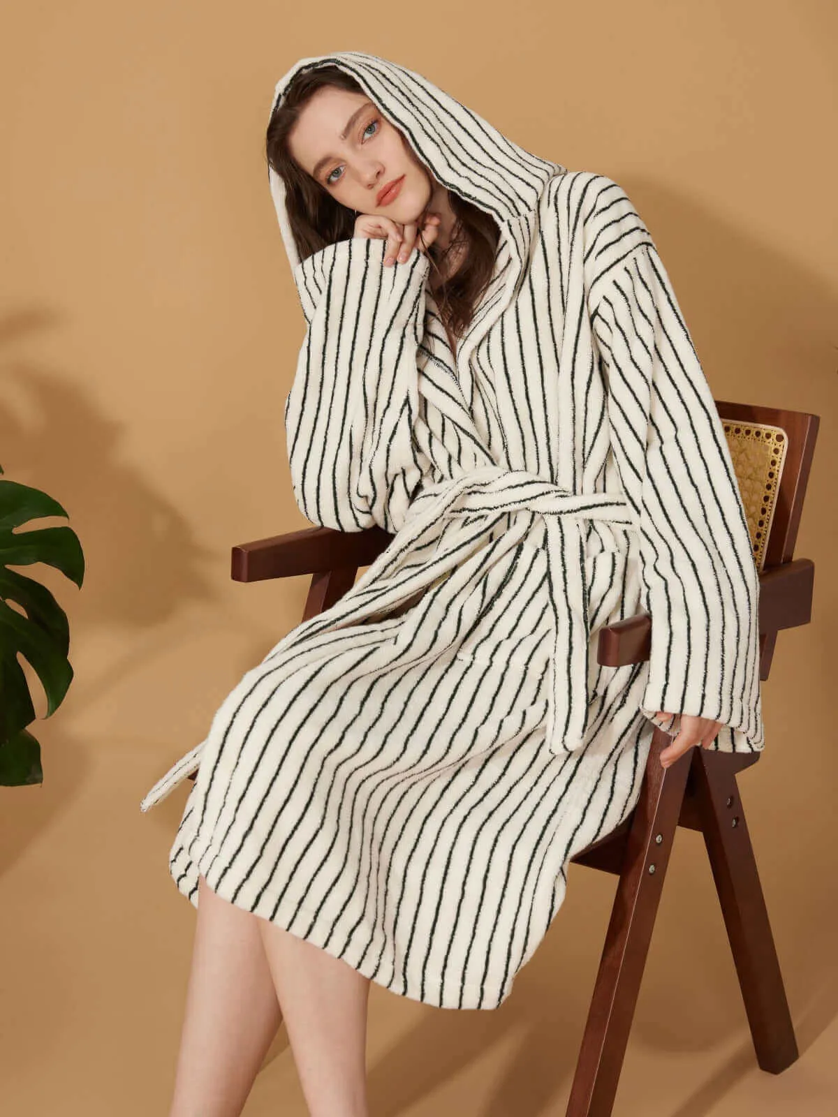 Organic Cotton Striped Bathrobe White