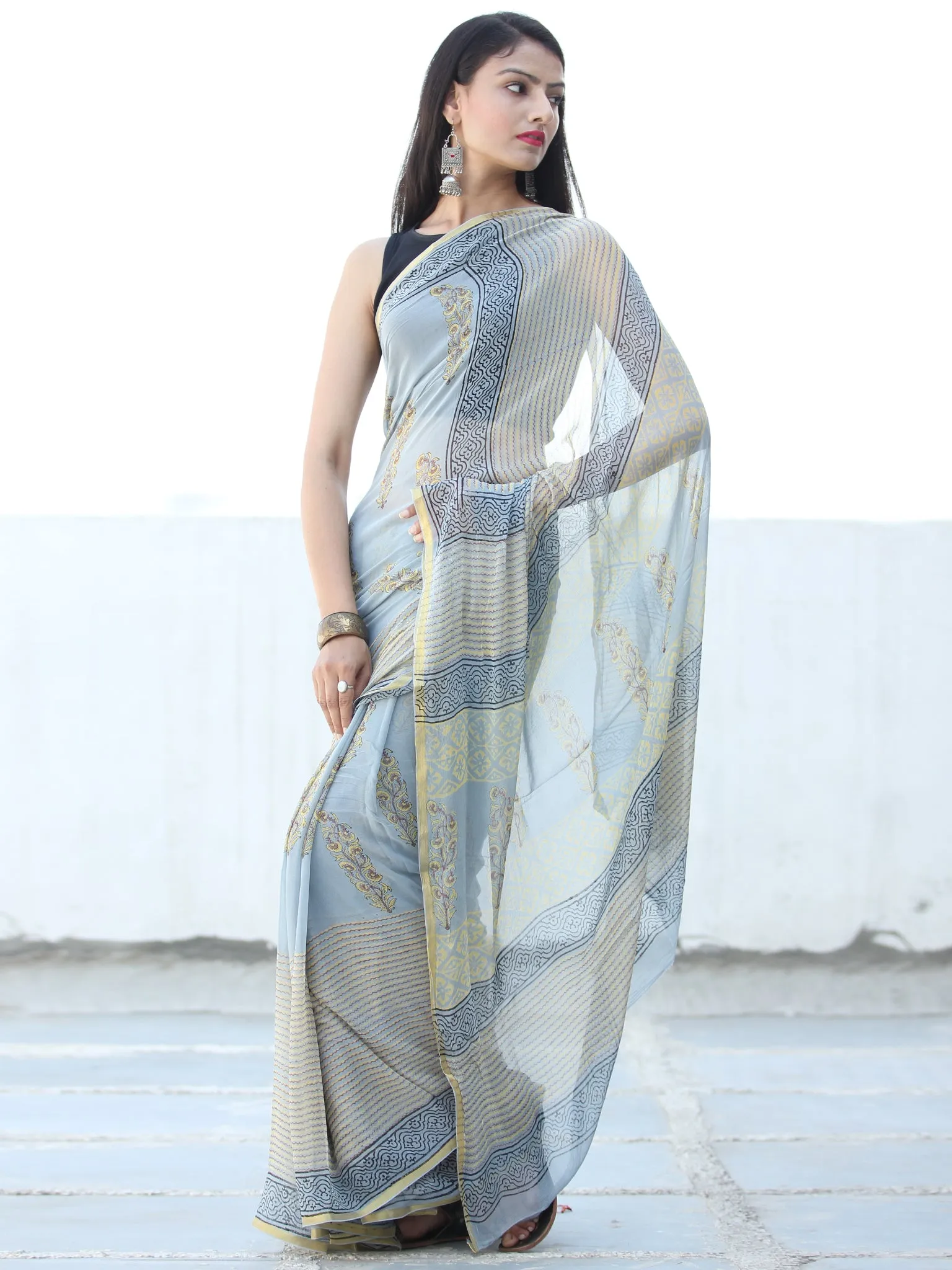 Pastel Blue Ivory Hand Block Printed Chiffon Saree with Zari Border - S031703932