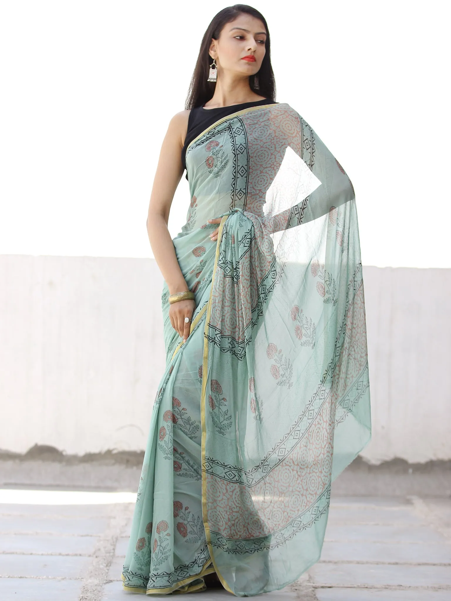 Pastel Green Coral Hand Block Printed Chiffon Saree with Zari Border - S031703956