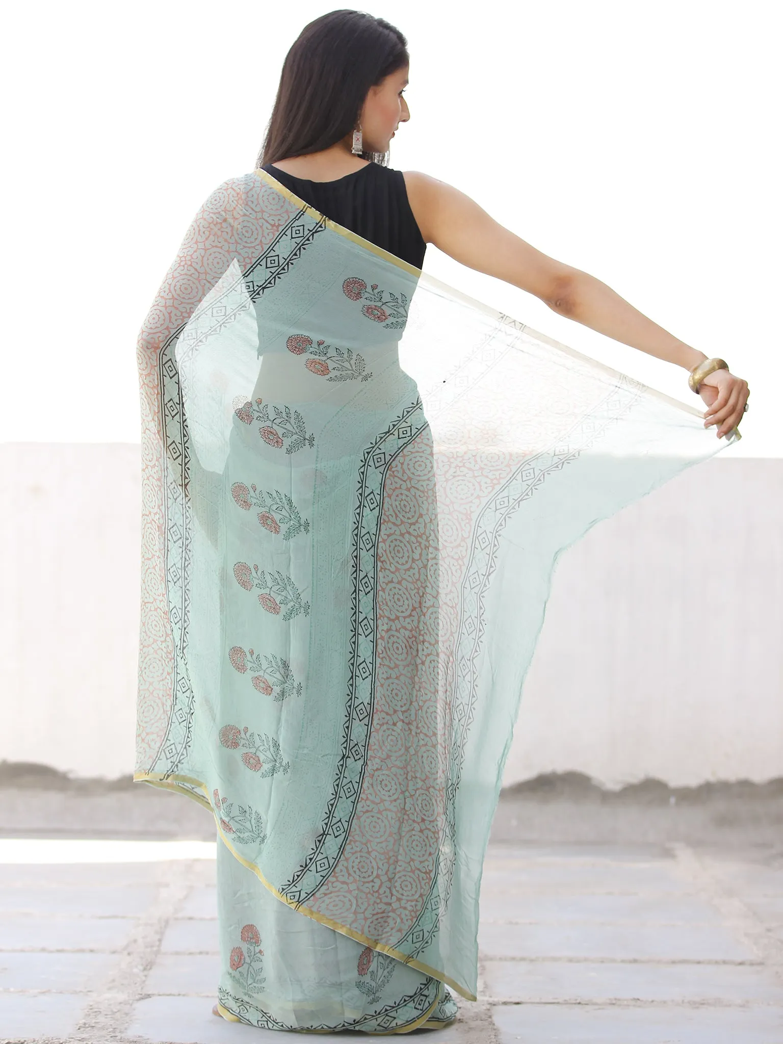 Pastel Green Coral Hand Block Printed Chiffon Saree with Zari Border - S031703956