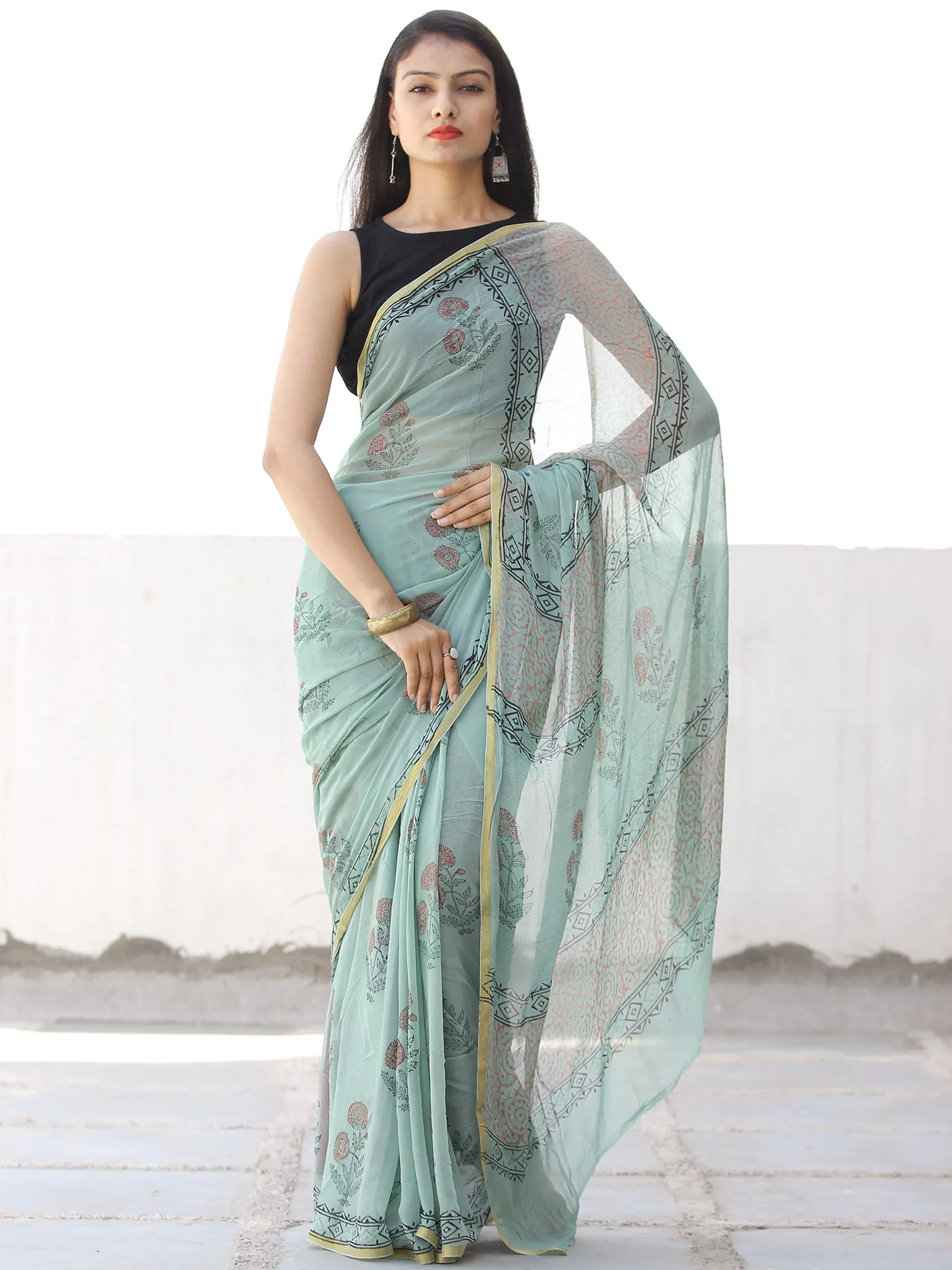 Pastel Green Coral Hand Block Printed Chiffon Saree with Zari Border - S031703956