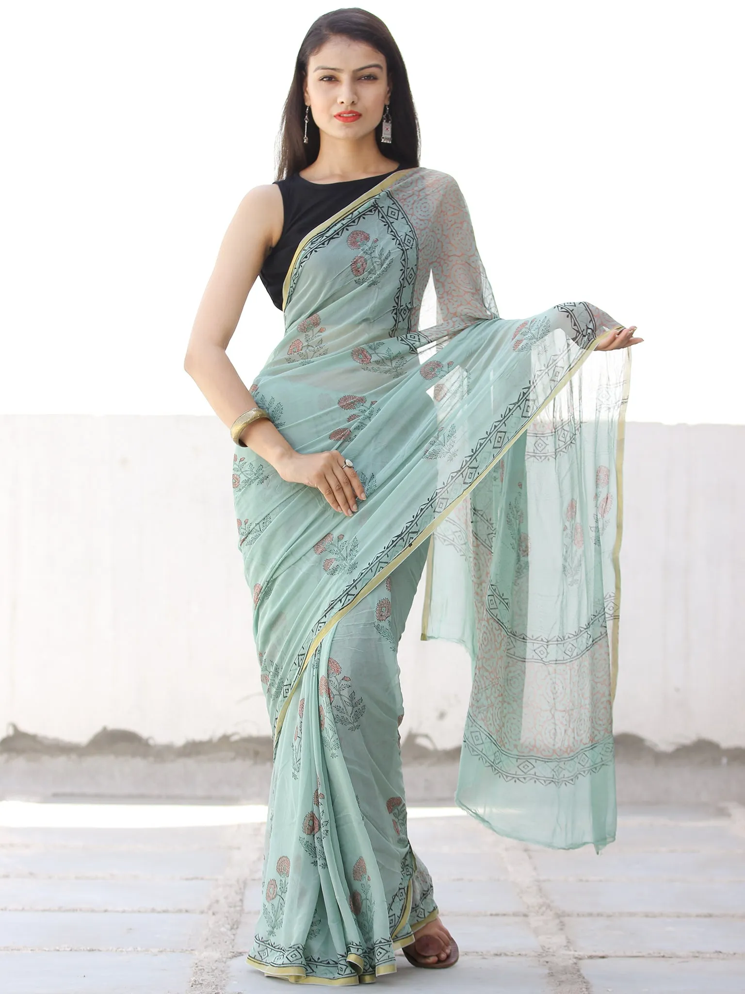 Pastel Green Coral Hand Block Printed Chiffon Saree with Zari Border - S031703956