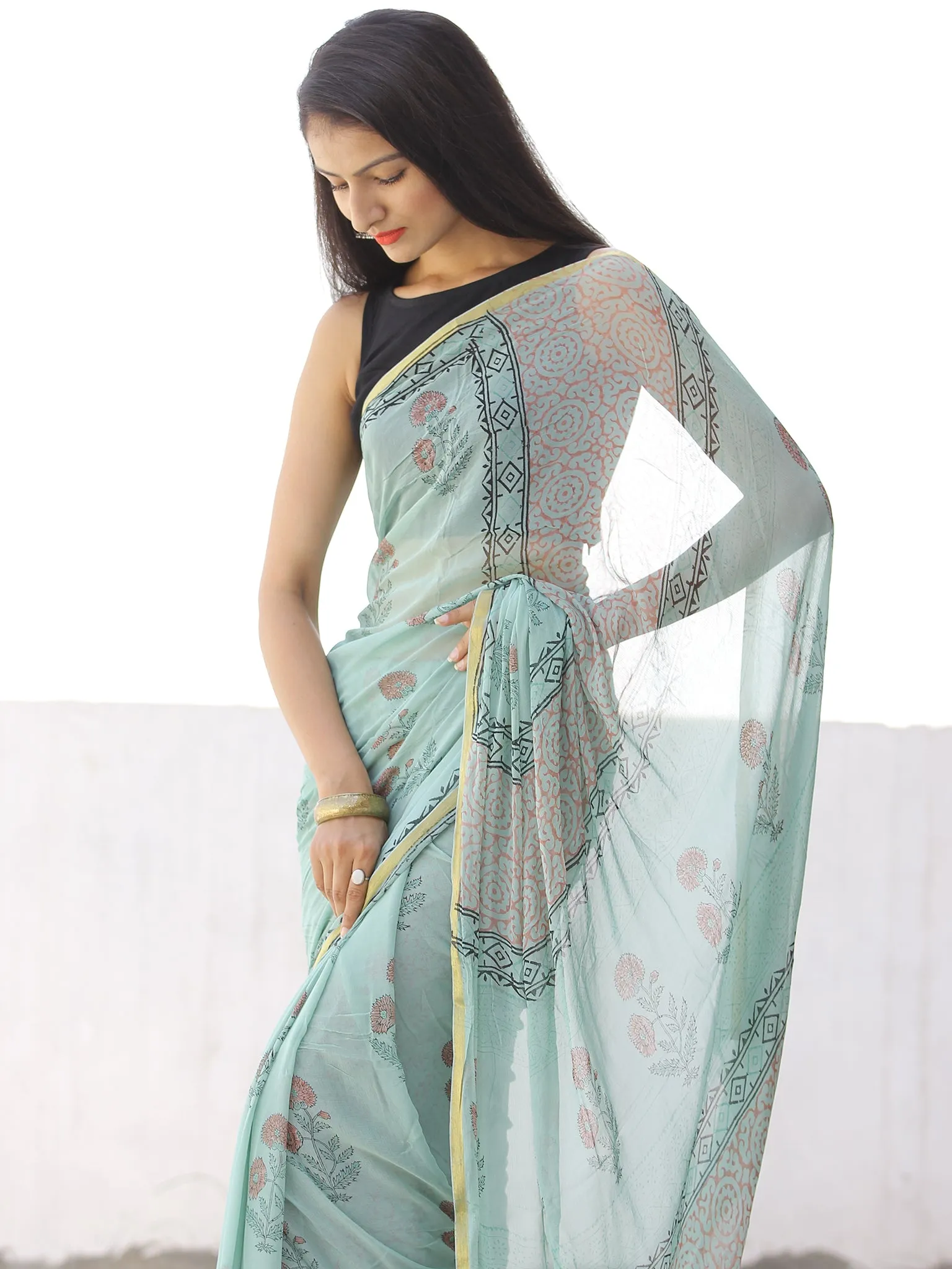 Pastel Green Coral Hand Block Printed Chiffon Saree with Zari Border - S031703956