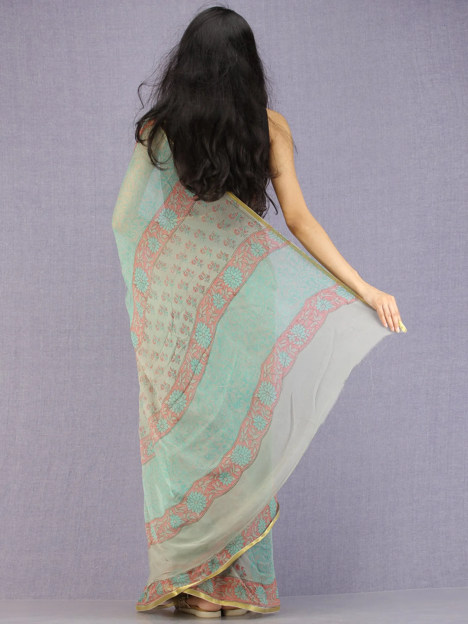 Pastel Green Coral Hand Block Printed Chiffon Saree with Zari Border - S031704590