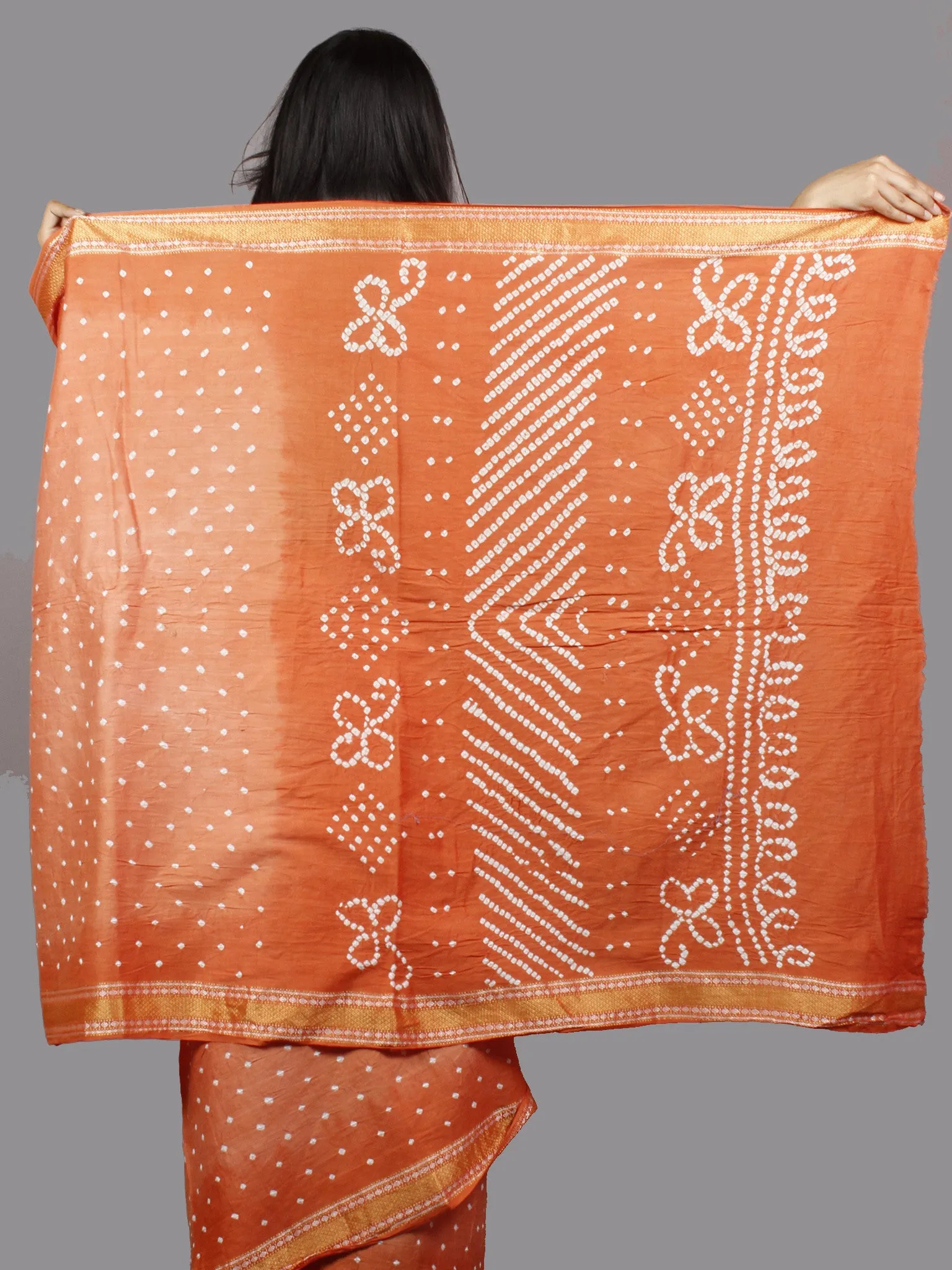 Pastel Peach White Hand Tie & Dye Bandhej Glace Cotton Saree With Resham Border - S031701385