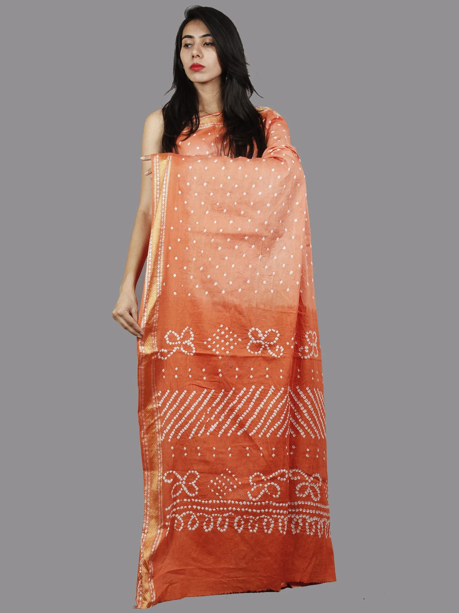 Pastel Peach White Hand Tie & Dye Bandhej Glace Cotton Saree With Resham Border - S031701385