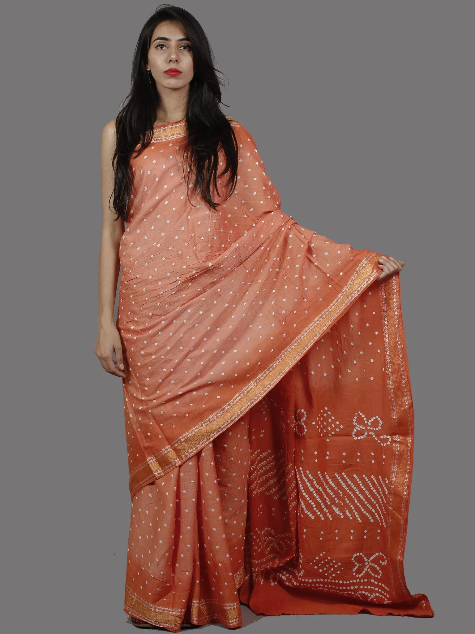 Pastel Peach White Hand Tie & Dye Bandhej Glace Cotton Saree With Resham Border - S031701385