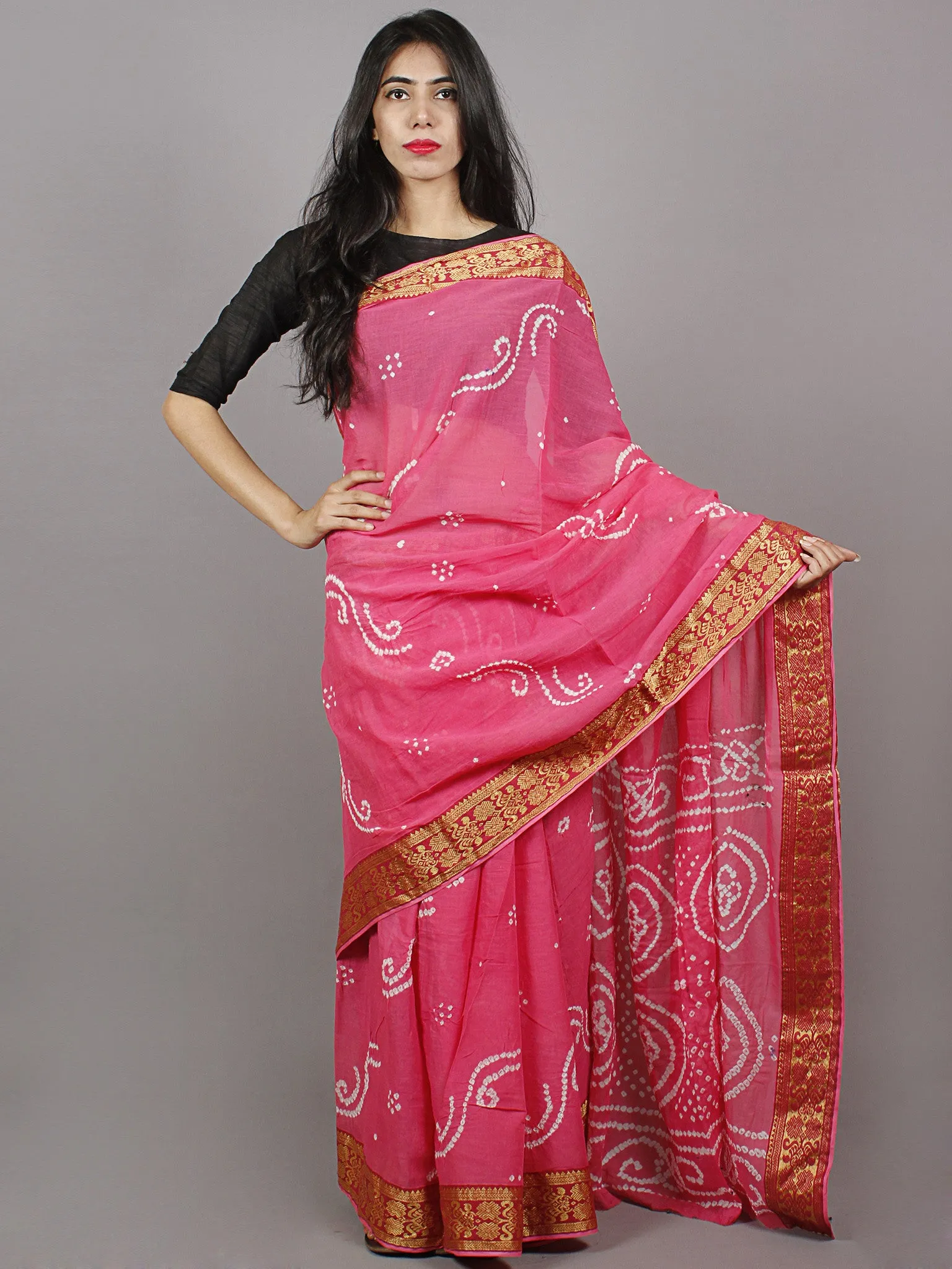 Pastel Pink White Hand Tie & Dye Bandhej Cotton Mul Saree With Resham Border - S031701330