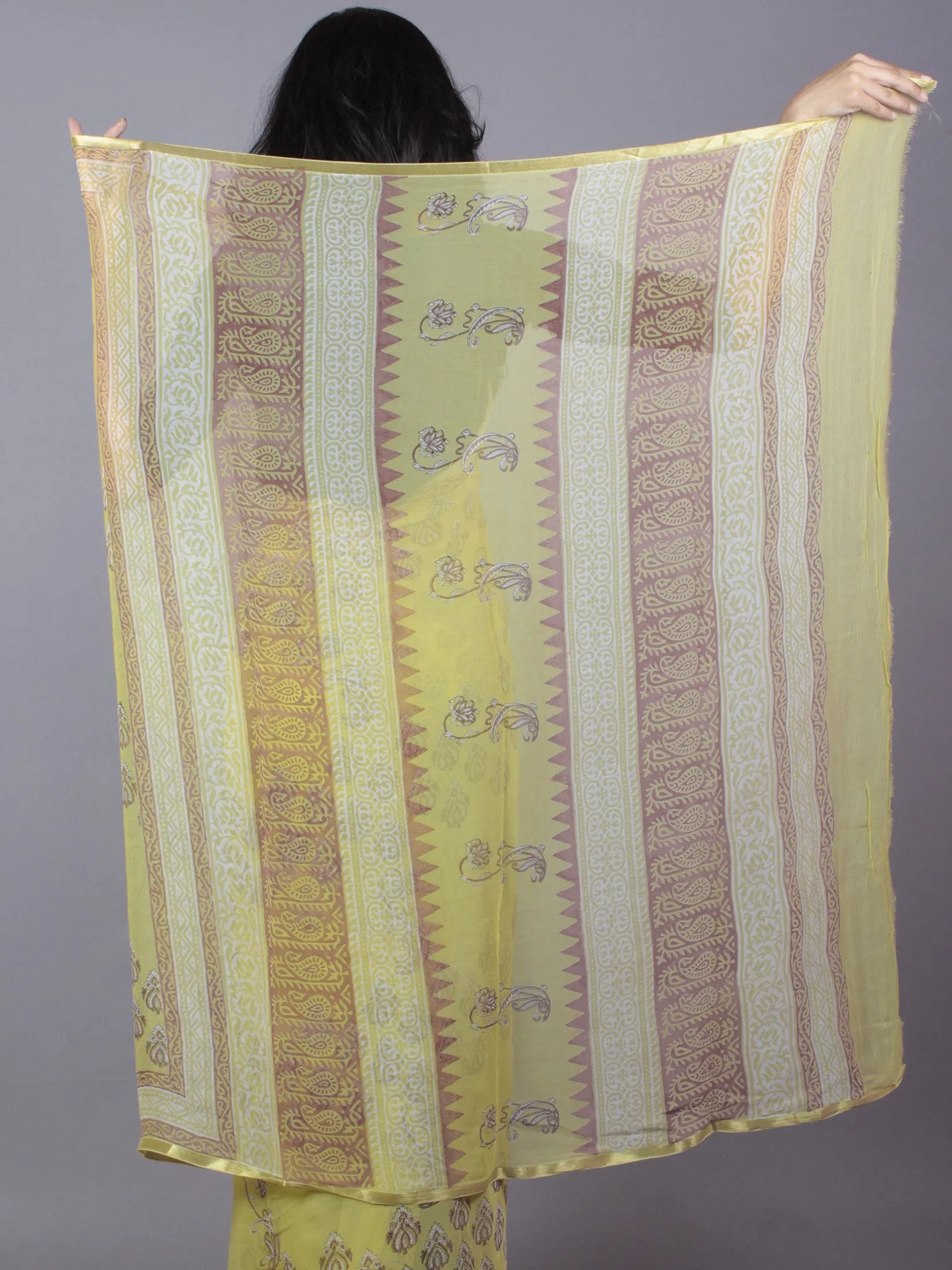 Pastel Yellow Ivory Maroon Hand Block Printed Chiffon Saree - S031701672