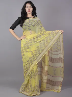 Pastel Yellow Ivory Maroon Hand Block Printed Chiffon Saree - S031701672