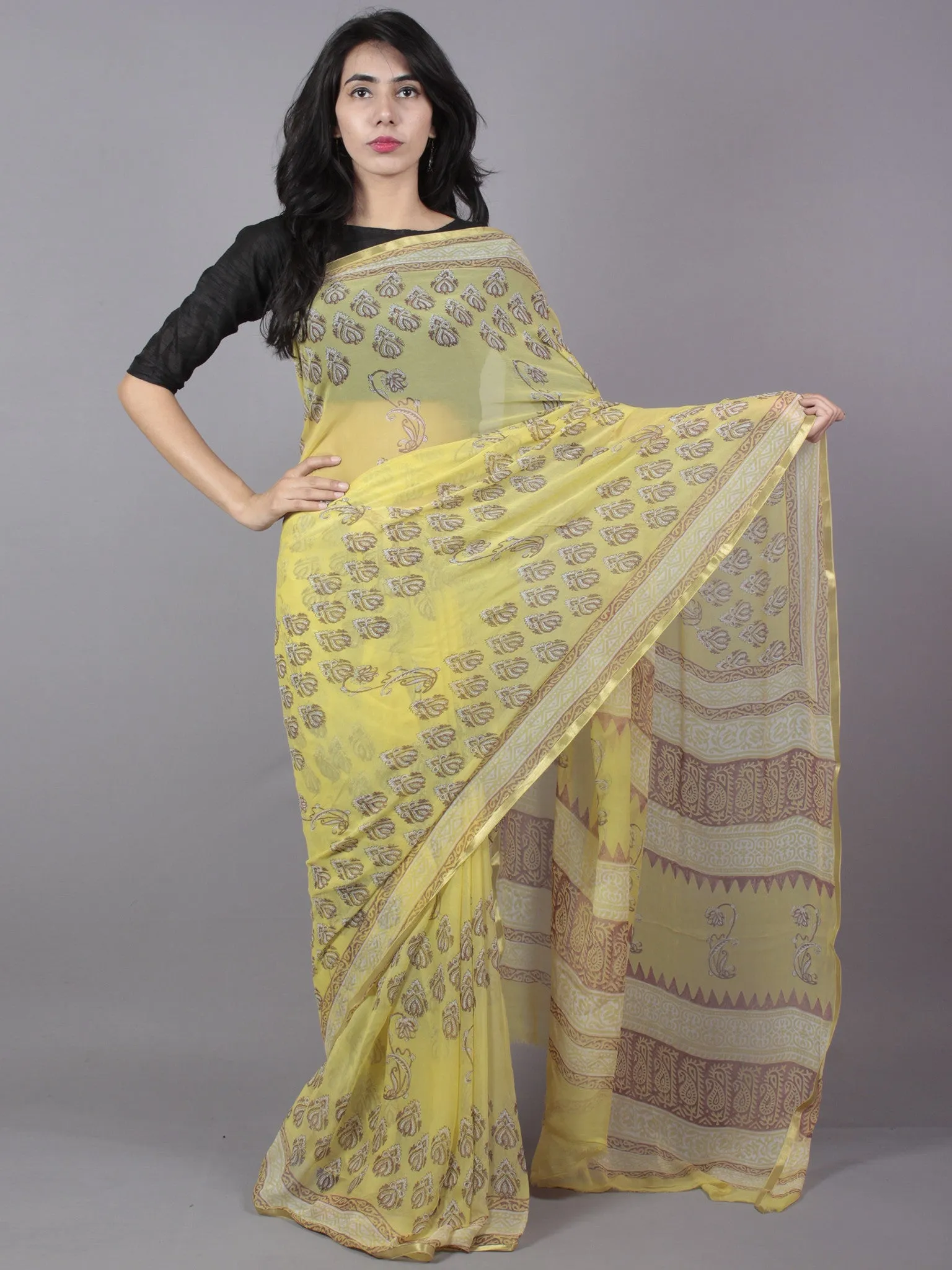 Pastel Yellow Ivory Maroon Hand Block Printed Chiffon Saree - S031701672