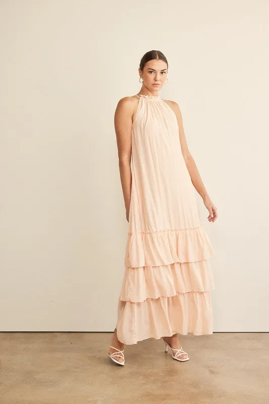 Peach Halter Neck Ruffled Maxi Dress