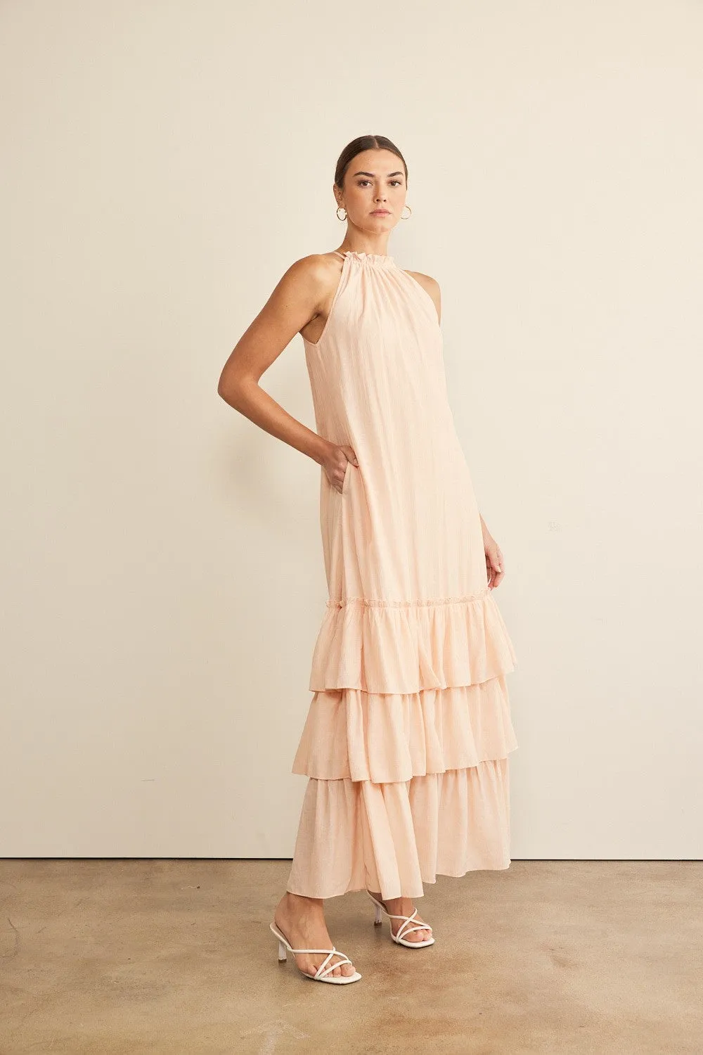 Peach Halter Neck Ruffled Maxi Dress