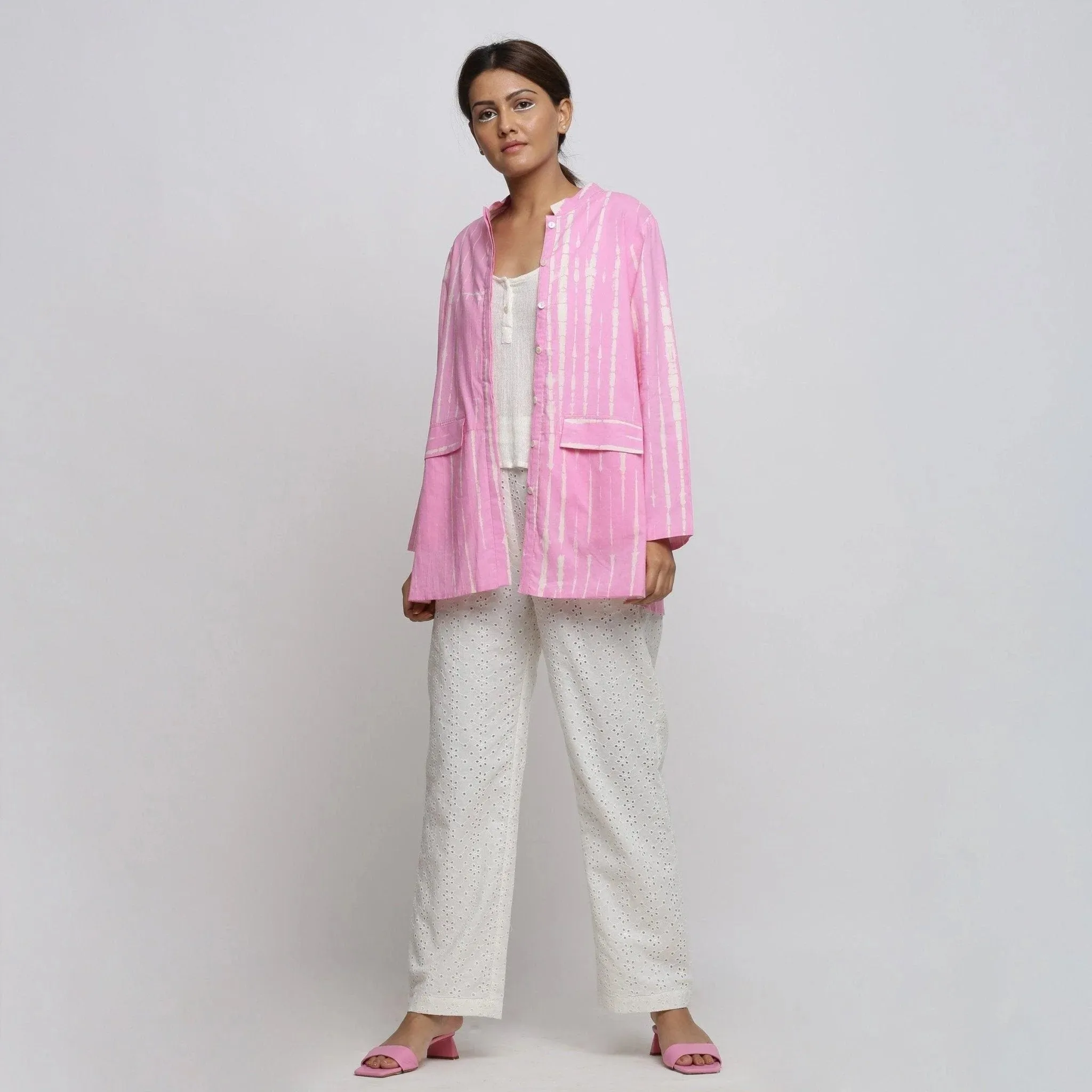 Pink Hand Tie-Dye Cotton Button-Down Jacket