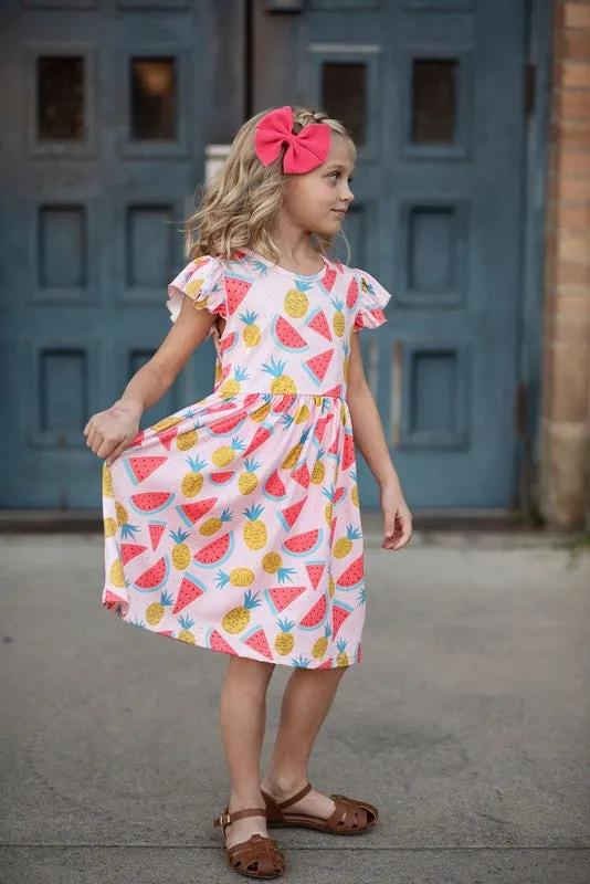 Pink Kids Pineapple Flutter Sleeve Spring Dress