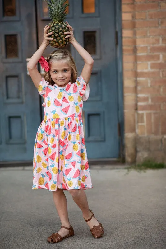 Pink Kids Pineapple Flutter Sleeve Spring Dress