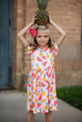 Pink Kids Pineapple Flutter Sleeve Spring Dress