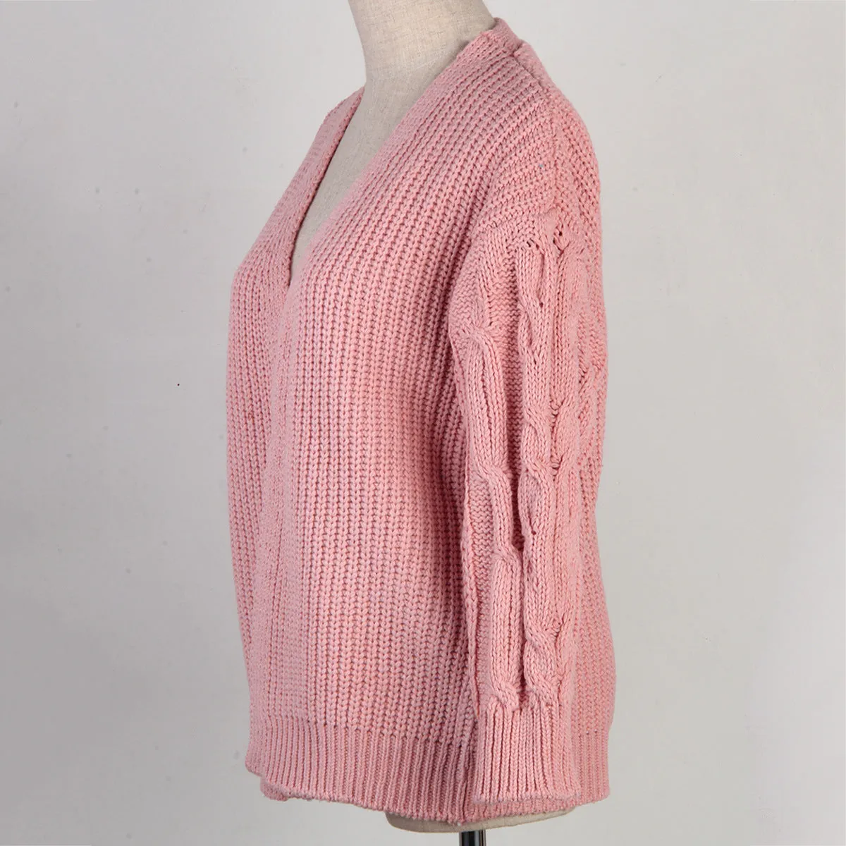 Pink V-Neck Sweater Jacket Wholesale Women Clothing