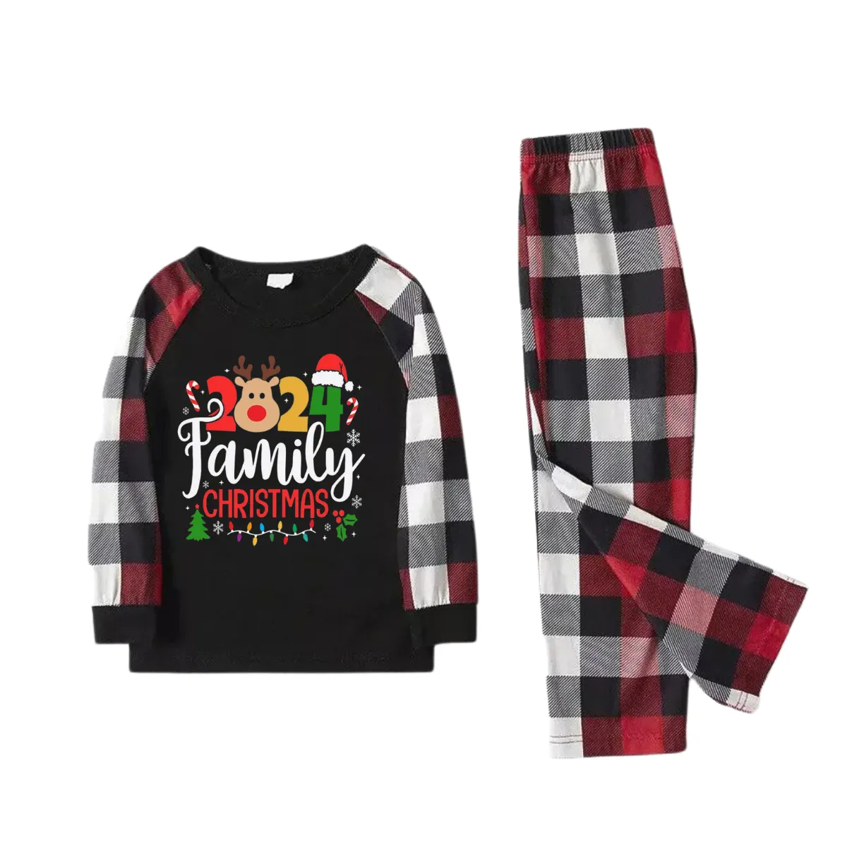 "2024 FAMILY CHRISTMAS " Colorful Text And Deer & Snowflake Printed Pattern - Black Top with Red&Black&White Plaid Sleeves - Family Matching Pajamas