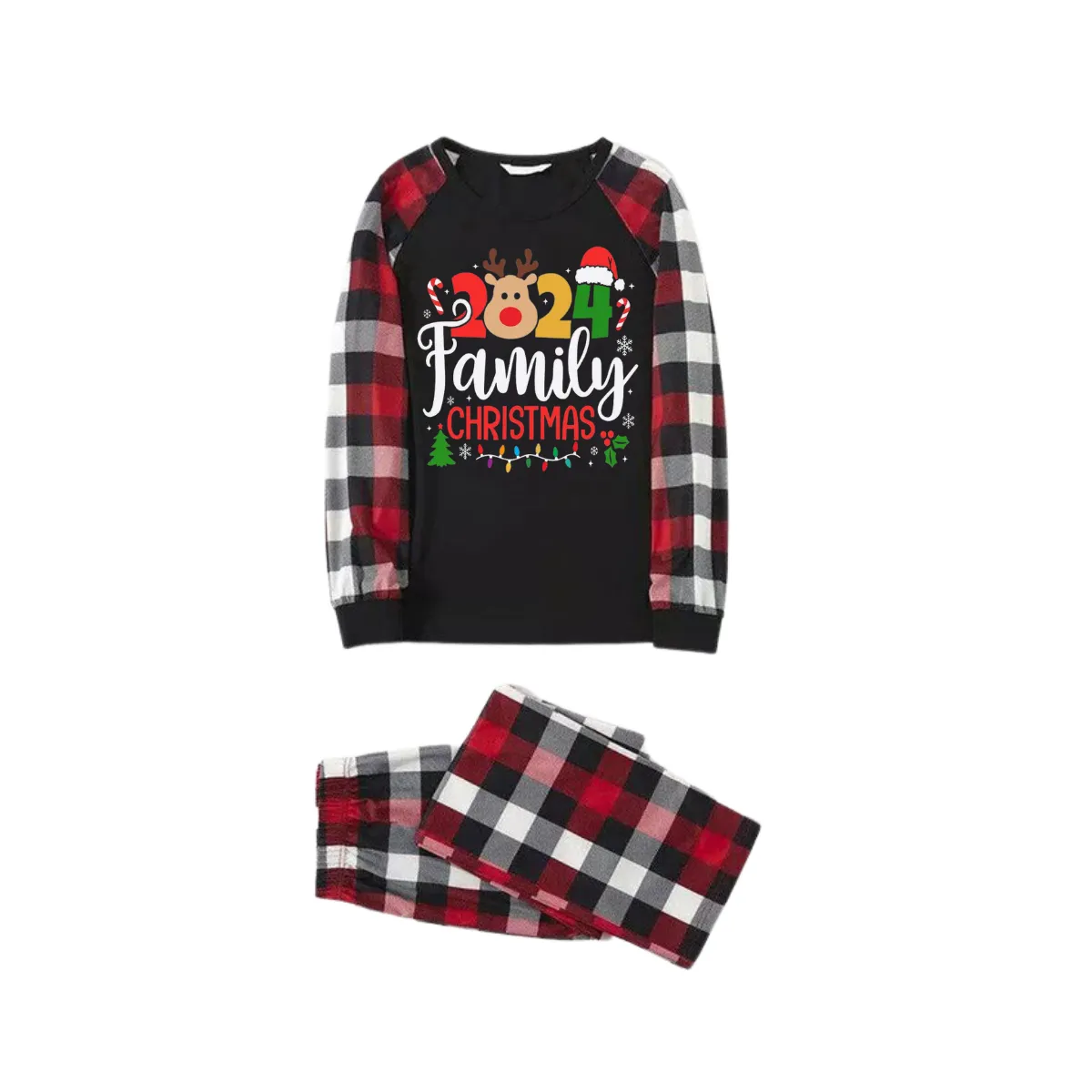 "2024 FAMILY CHRISTMAS " Colorful Text And Deer & Snowflake Printed Pattern - Black Top with Red&Black&White Plaid Sleeves - Family Matching Pajamas