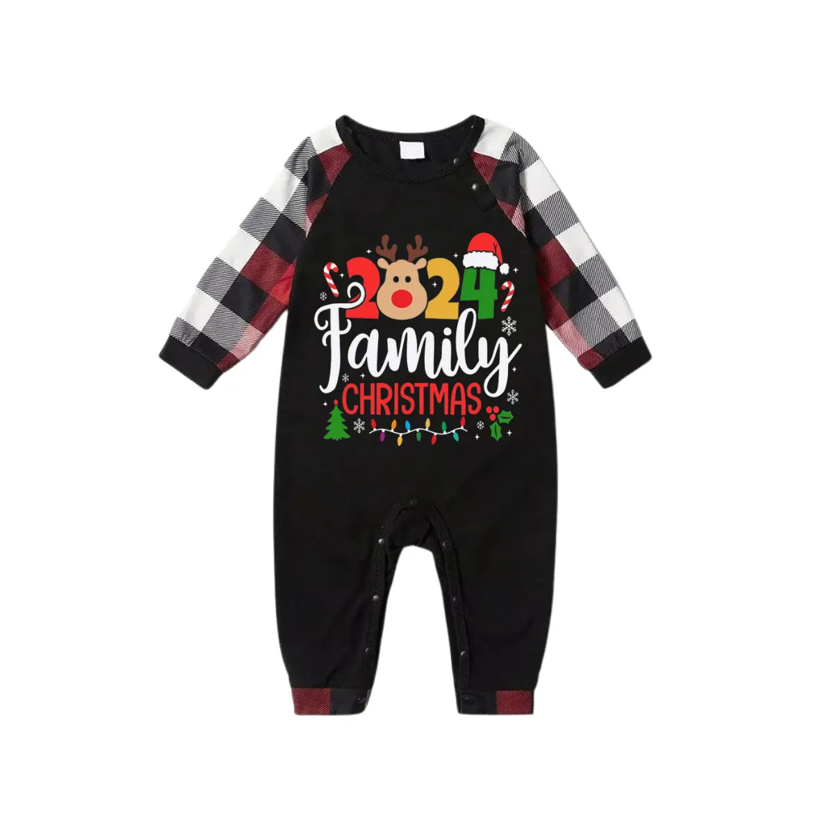 "2024 FAMILY CHRISTMAS " Colorful Text And Deer & Snowflake Printed Pattern - Black Top with Red&Black&White Plaid Sleeves - Family Matching Pajamas