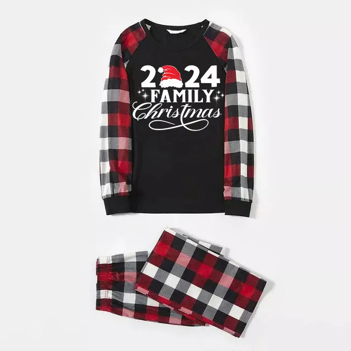 "2024 Family Christmas" Letter Print Red & Black & Grey & White Plaid Family Matching Pajamas