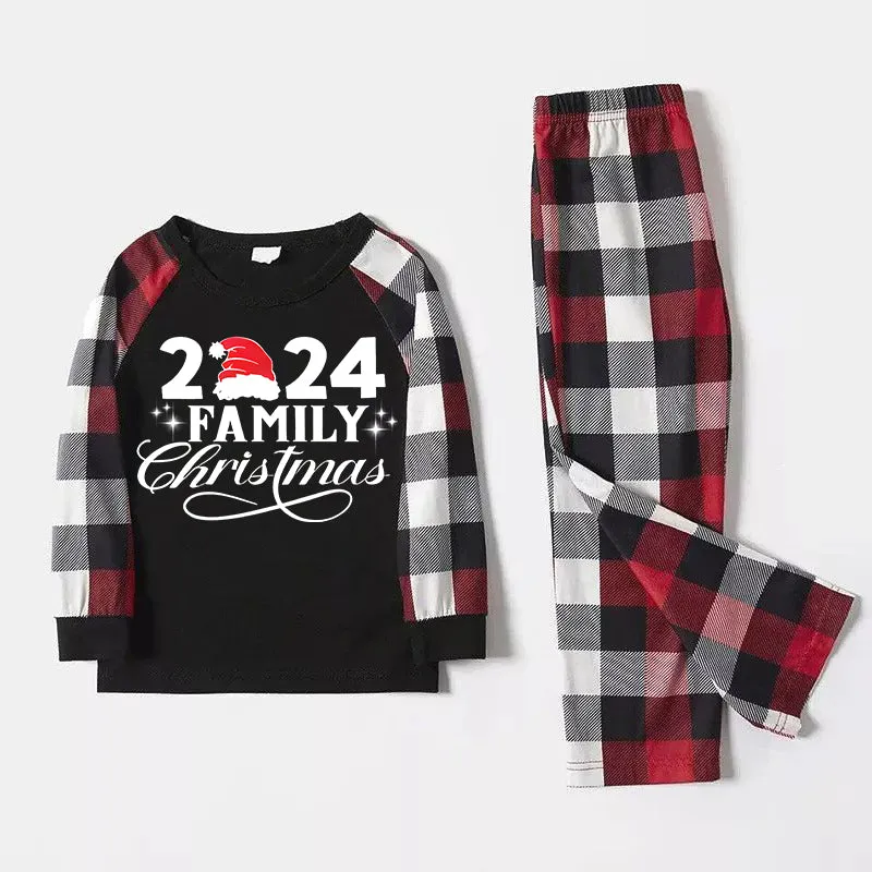 "2024 Family Christmas" Letter Print Red & Black & Grey & White Plaid Family Matching Pajamas