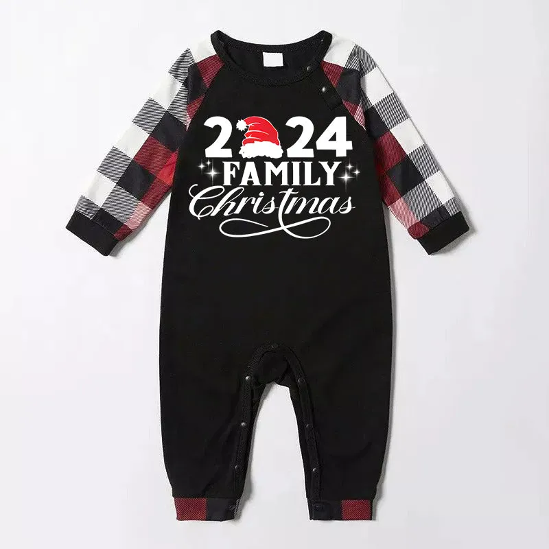 "2024 Family Christmas" Letter Print Red & Black & Grey & White Plaid Family Matching Pajamas