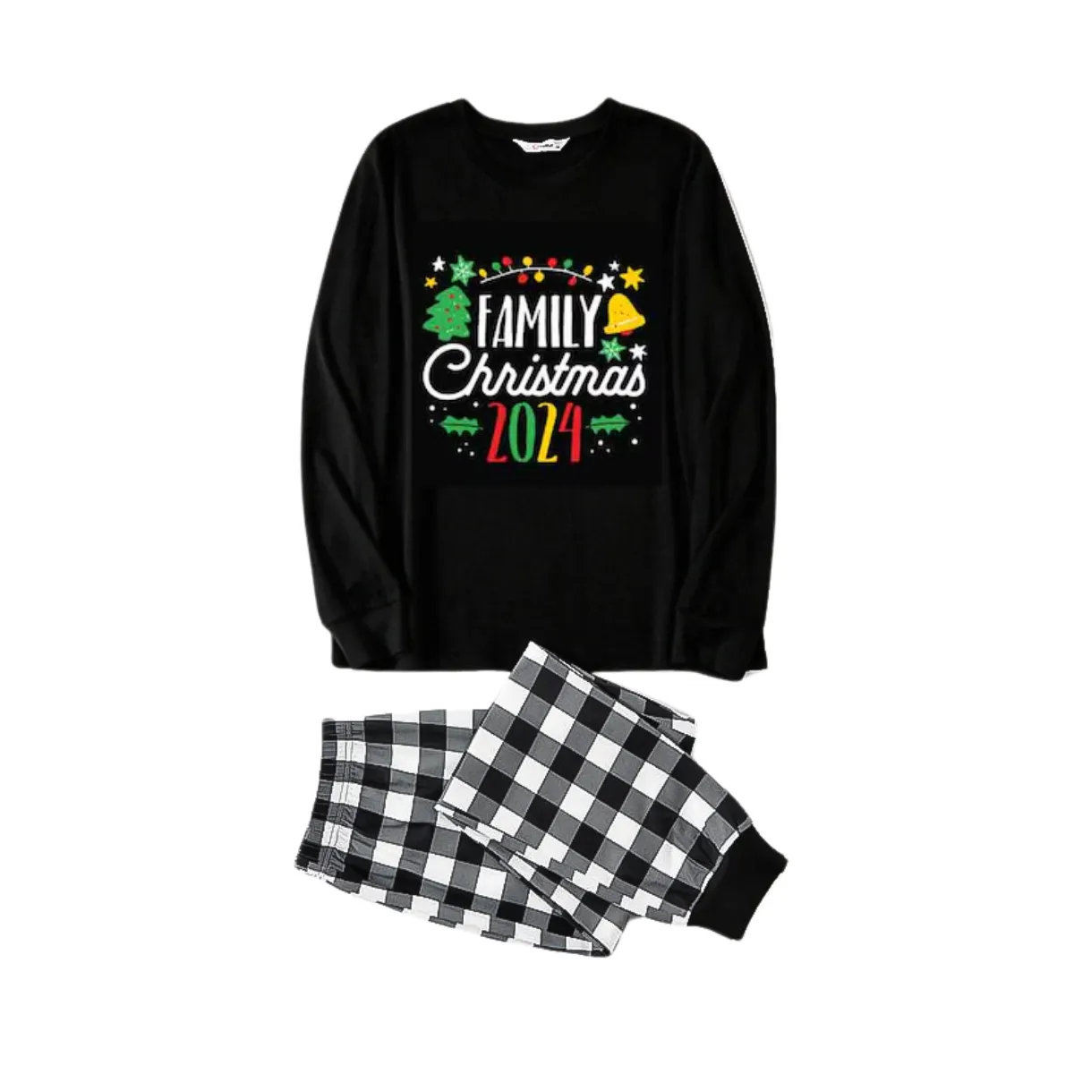 "Family Christmas 2024" and Joyful Pattern Prints Black and White Plaid Family Matching Pajamas