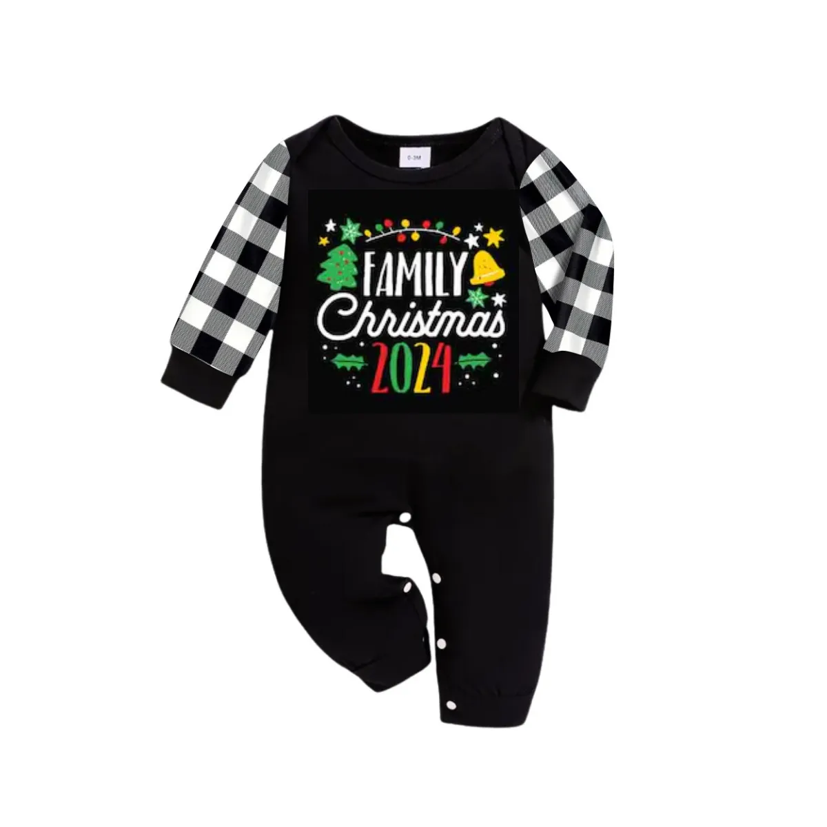 "Family Christmas 2024" and Joyful Pattern Prints Black and White Plaid Family Matching Pajamas