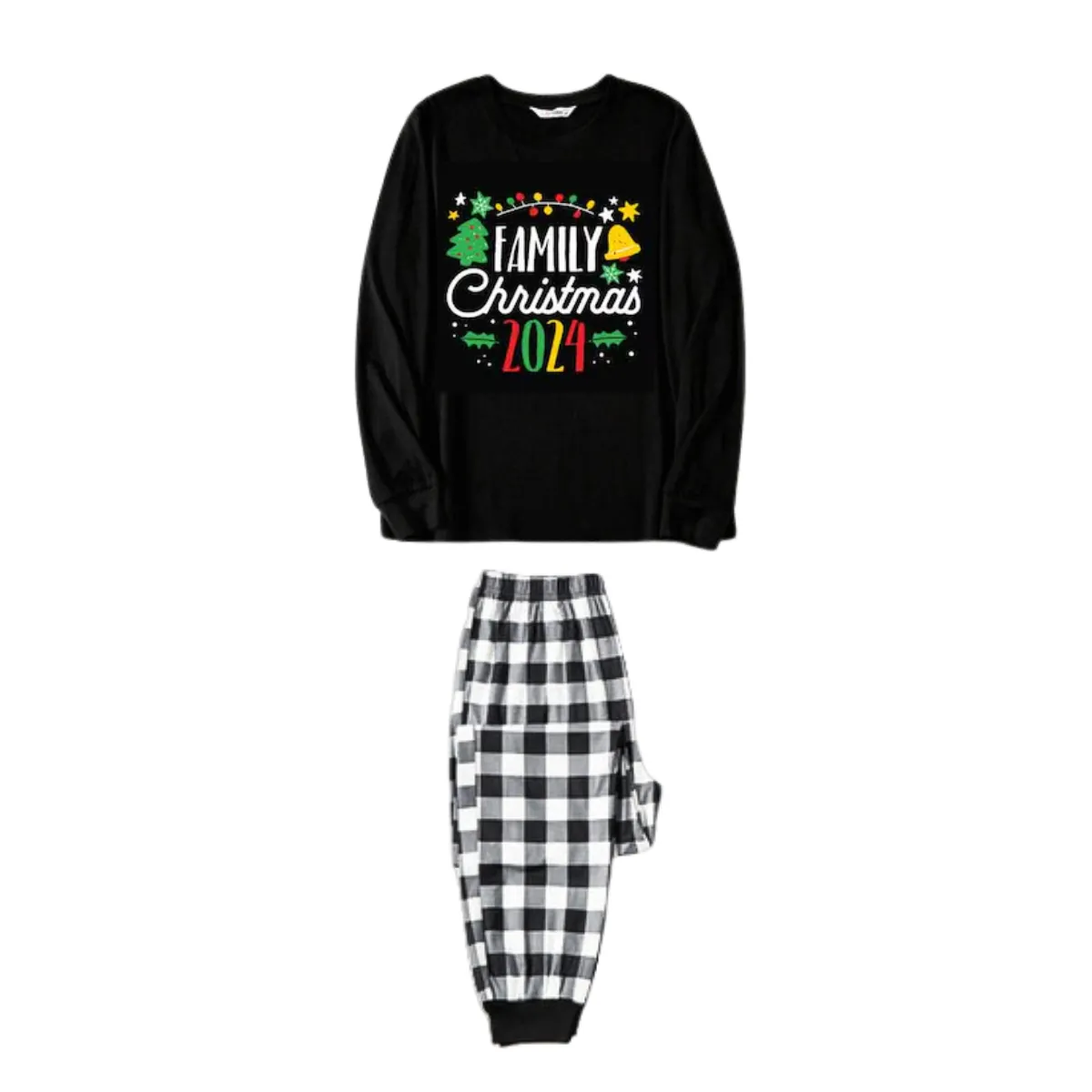 "Family Christmas 2024" and Joyful Pattern Prints Black and White Plaid Family Matching Pajamas